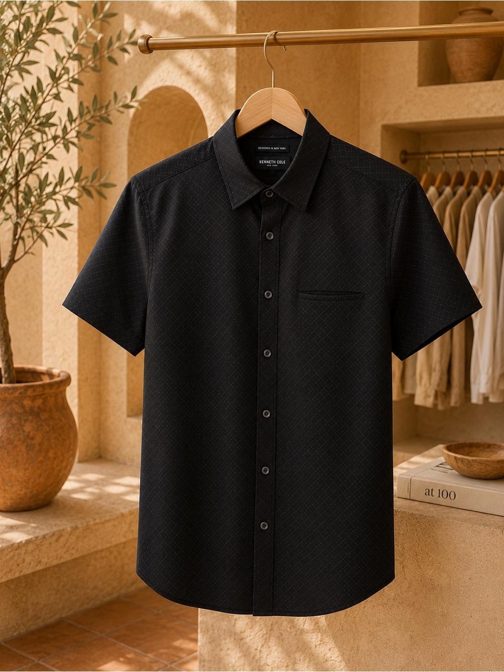 Kenneth Cole Black Short Sleeve Button-Up Shirt | Subtle Pattern | Size S